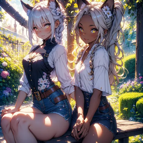 Girl with dog ears and tail, erect ears, honey yellow eyes, Highly detailed eyes, long hair and(((( White)))) with a small braid...