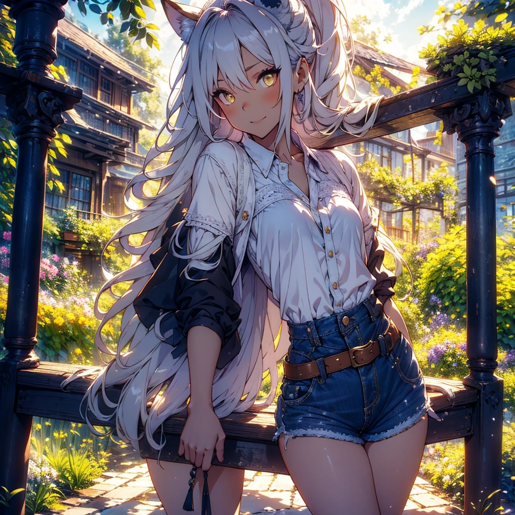 Girl with dog ears and tail, erect ears, honey yellow eyes, Highly detailed eyes, long hair and(((( White)))) with a small braid on the sides, denim shorts, translucent and low-cut blouse, whole body, looking up, open mouth smile, big chest, beautiful body, detailed face y con amplia gama de gestos, leaning on a bench around a garden with flowers of various colors, detailed background, detailed face, Play of light and shadows, cinematographic, high quality, 8k, Masterpiece, 