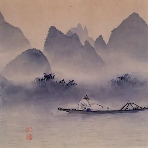 jin hongdao, tenner, tranquil riverside，a lone fisherman on a traditional boat, surrounded by foggy mountains.