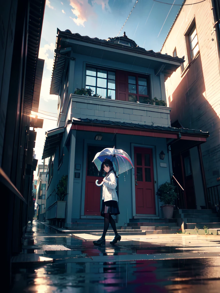 A  girl walking under rain with a umbrella with rainbow colors, at the day with a Little puppy, lateral angle, (sunday front house street background:1.3), octane render, Sunlight, L USM, official art, unity 8k wallpaper, ultra detailed, aesthetic, masterpiece, best quality, photorealistic, t3ss1th0mps0n,  Clutter-Mechanical