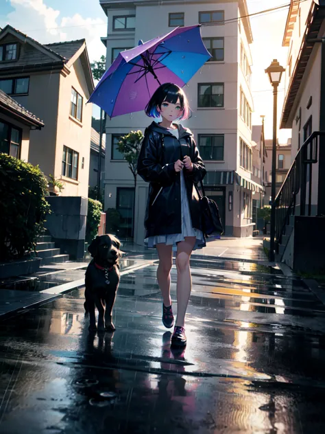 A  girl walking under rain with a umbrella with rainbow colors, at the day with a Little puppy, lateral angle, (sunday front hou...