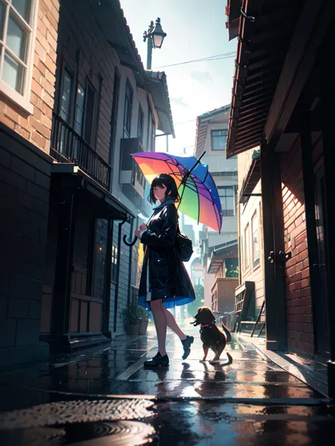 A  girl walking under rain with a umbrella with rainbow colors, at the day with a Little puppy, lateral angle, (sunday front hou...
