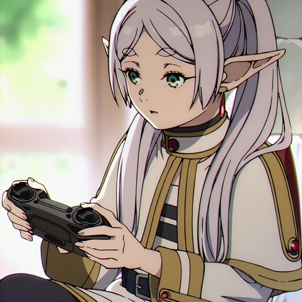 1girl, sfrieren, solo, elf, pointy ears, silver hair, white hair, green eyes, small breasts, flat chest, BREAK
robe, black pantyhose, brown boots, belt, capelet, upper body, sitting, BREAK
holding a videogame controller, holding, sit, sitting on a puff, puff, BREAK
score_9, score_8_up, score_7_up, score_6_up, anime,
(high quality, detailed, beautiful), shiny, detailed beautiful eyes, outstanding, countershading, detailed soft lighting