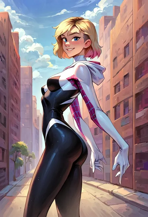 score_9, score_8_up, score_7_up, score_6_up, score_5_up, score_4_up, source_comic, 1girl, solo, short hair Gwen Stacy, small tig...