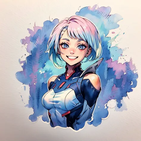 1girl, lucy \(cyberpunk\), simple art, cute, watercolor, white background, looking at the viewer, big smile