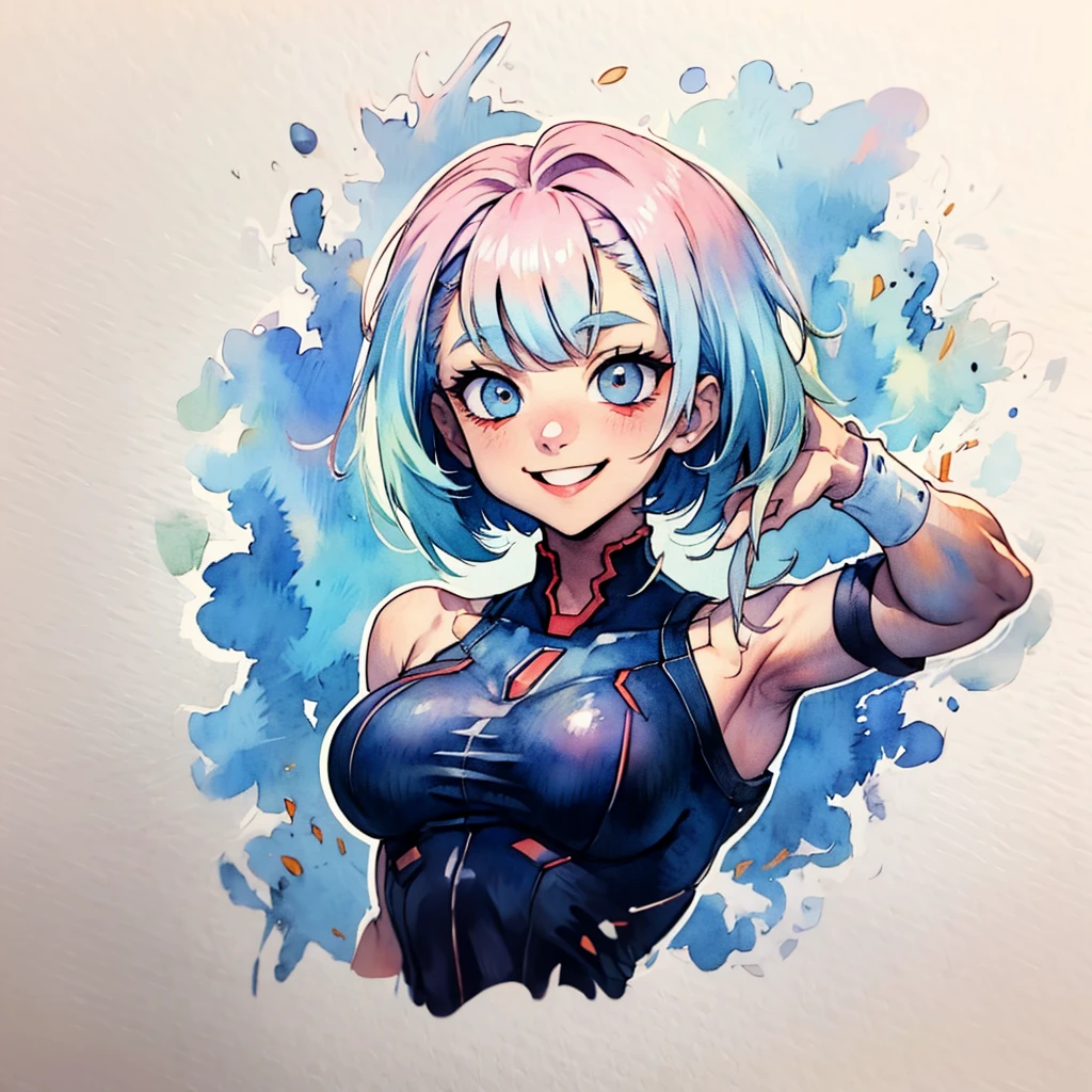 1girl, lucy \(cyberpunk\), simple art, cute, watercolor, white background, looking at the viewer, big smile