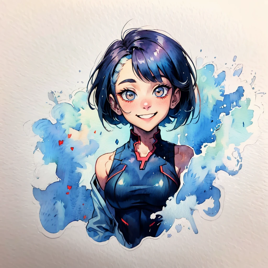 1girl, lucy \(cyberpunk\), simple art, cute, watercolor, white background, looking at the viewer, big smile