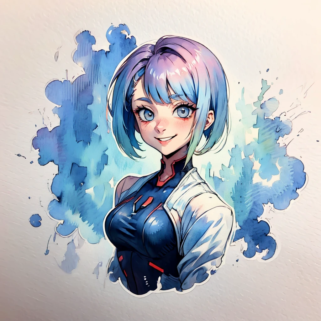 1fille, Lucie \(cyberpunk\), art simple, Mignon, aquarelle, fond blanc, Regarder le spectateur, Grand sourire