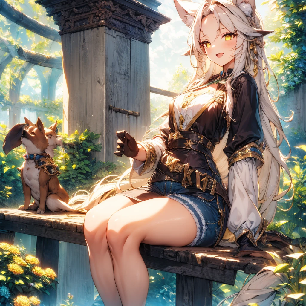 Girl with dog ears and tail, erect ears, honey yellow eyes, Highly detailed eyes, long hair and(((( White)))) with a small braid on the sides, denim shorts, translucent and low-cut blouse, whole body, looking up, open mouth smile, big chest, beautiful body, detailed face y con amplia gama de gestos, leaning on a bench around a garden with flowers of various colors, detailed background, detailed face, Play of light and shadows, cinematographic, high quality, 8k, Masterpiece, 