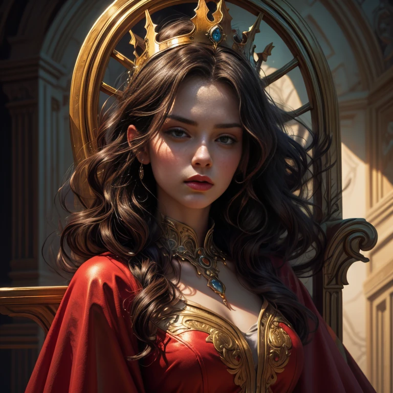 retrato de cuerpo entero una hermosa reina de corazones, elegante vestido largo rojo, Capa roja que fluye, Corona de oro, maquillaje rojo llamativo, mirada penetrante, postura regia, Trono adornado, castillo gótico oscuro, iluminación dramática, (mejor calidad,4k,8K,alta resolución,obra maestra:1.2),ultra detallado,(Realista,photoRealista,photo-Realista:1.37),detalles intrincados,composición cinematográfica,Colores vibrantes,chiaroscuro lighting,sombras dramáticas,fantasía,arte digital