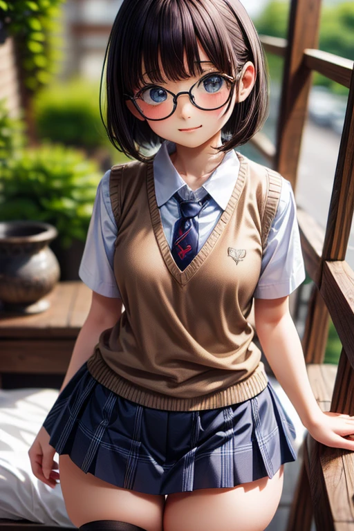 (((masterpiece))),Very cute girl, 13-year-old student, ((shy)), Black bob cut, Glasses, (White collar shirt), ((Light brown sweater vest, Thigh close-up, Twilight)), (tie, Navy blue checked skirt), Defecating in the bedroom, (((Thick thighs, Medium chest))), (Dynamic Angle, View from below)