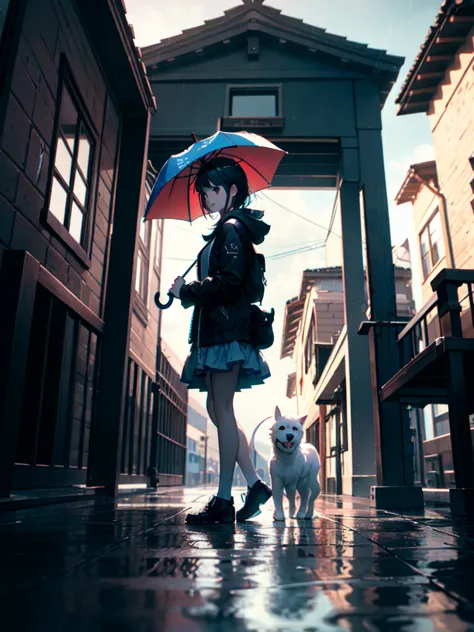 A  5 years girl walking happy under rain with a umbrella with rainbow colors, at the day she have a Little white puppy, lateral ...