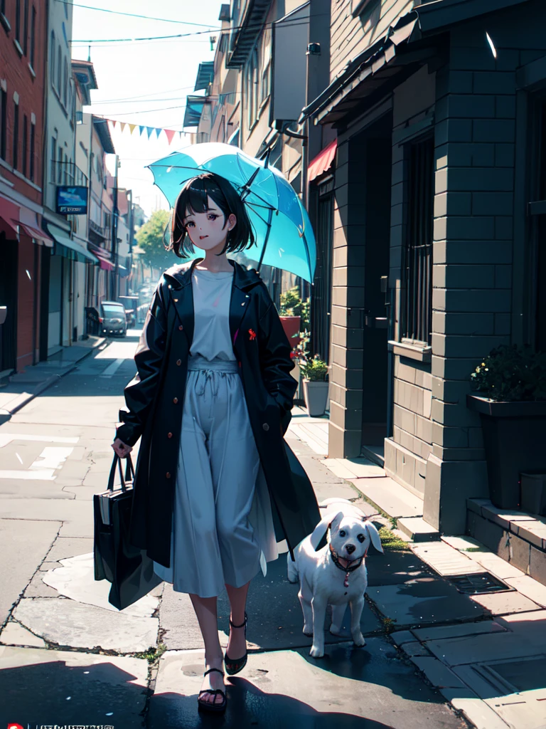 Une fillette de 5 ans marchant joyeusement sous la pluie avec un parapluie aux couleurs de l'arc-en-ciel, Ce jour-là, elle avait un petit chiot blanc, Angle latéral, (dimanche, devant, maison, rue, fond:1.3), rendu d&#39;octane, lumière du soleil, L USM, art officiel, unité 8k fond d&#39;écran, ultra détaillé, Esthétique, chef-d&#39;œuvre, Meilleure qualité, Photoréaliste, t3ss1th0mps0n,  Clutter-Mécanique