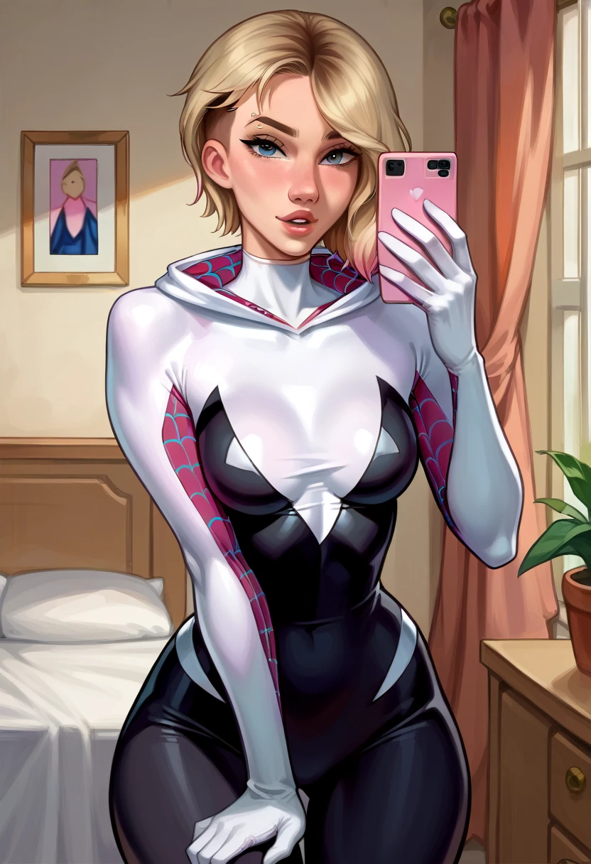 score_9, score_8_up, score_7_up, source_cartoon, BREAK 1girl, solo, short hair Gwen Stacy, looking at viewer, parted lips, Spider Gwen suit, mature woman, hair tie, hot, taking a photo with a cell phone, model poses, in her bedroom.