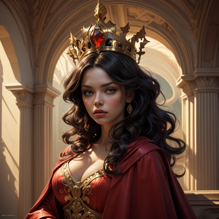 (全身ポートレート:1.0), 美しいハートの女王, エレガントな赤いロングドレス, 流れる赤い岬, 金の王冠, 印象的な赤いメイク, 鋭い視線, 王者の姿勢, 華やかな王座, 暗いゴシック様式の城, ドラマチックな照明, (最高品質,4k,8K,高解像度,傑作:1.2),非常に詳細な,(現実的,photo現実的,photo-現実的:1.37),複雑な詳細,映画の構成,鮮やかな色彩,明暗法照明,劇的な影,ファンタジー,デジタルアート