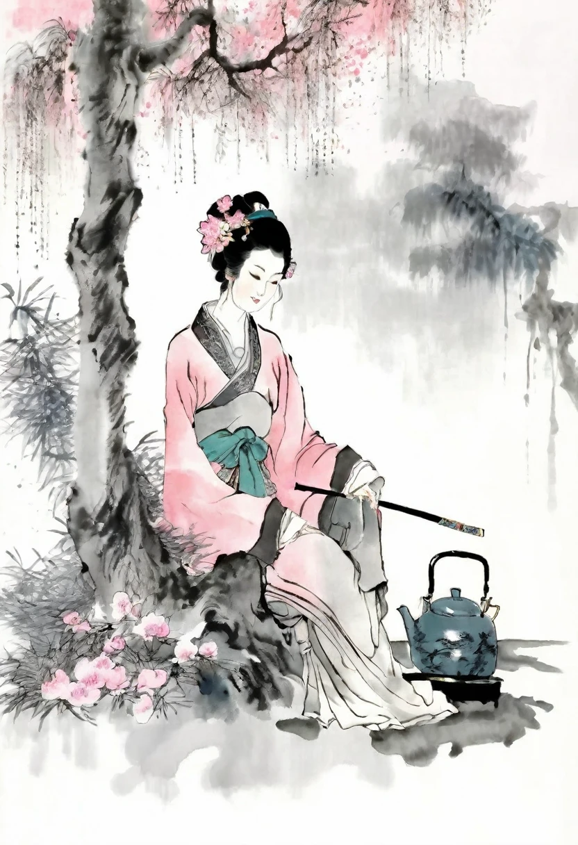 (best quality,Extremely detailed,Practical:1.37),masterpiece:1.2,Woman sitting under a tree,Chinese scenery,Ink splatter,Ink texture,watercolor,Pink clothing,Pink clothing,Light gray background