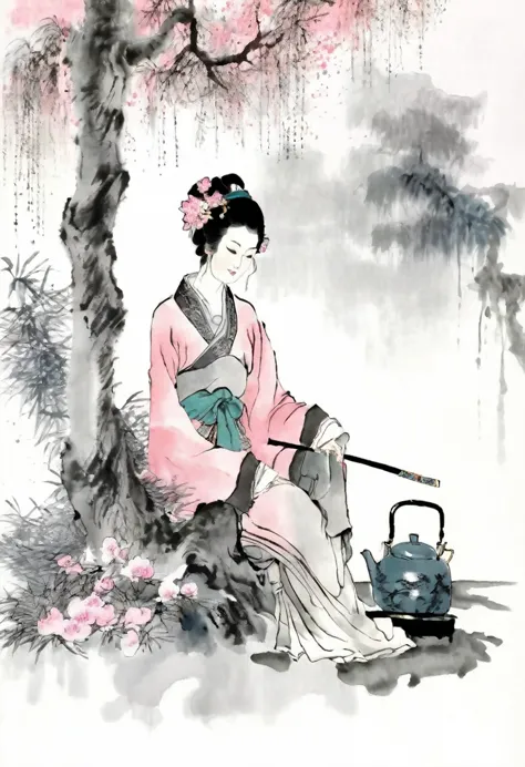 (best quality,extremely detailed,practical:1.37),masterpiece:1.2,woman sitting under a tree,chinese scenery,ink splatter,ink tex...