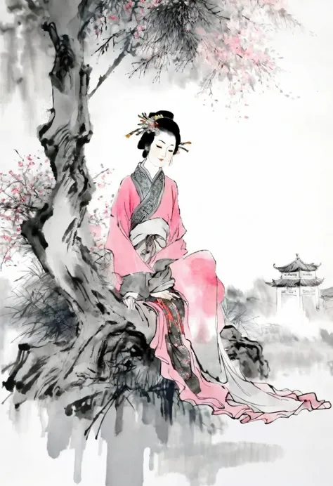 (best quality,extremely detailed,practical:1.37),masterpiece:1.2,woman sitting under a tree,chinese scenery,ink splatter,ink tex...