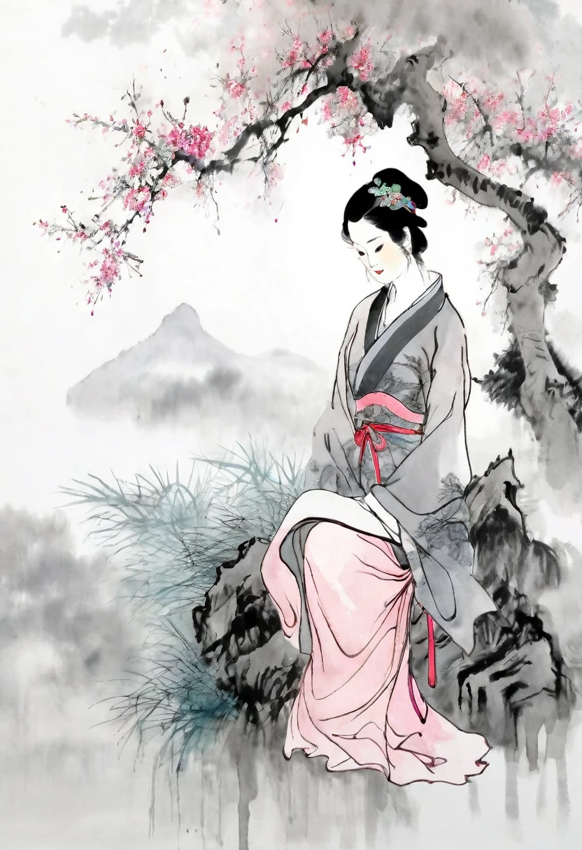 (best quality,Extremely detailed,Practical:1.37),masterpiece:1.2,Woman sitting under a tree,Chinese scenery,Ink splatter,Ink texture,watercolor,Pink clothing,Pink clothing,Light gray background