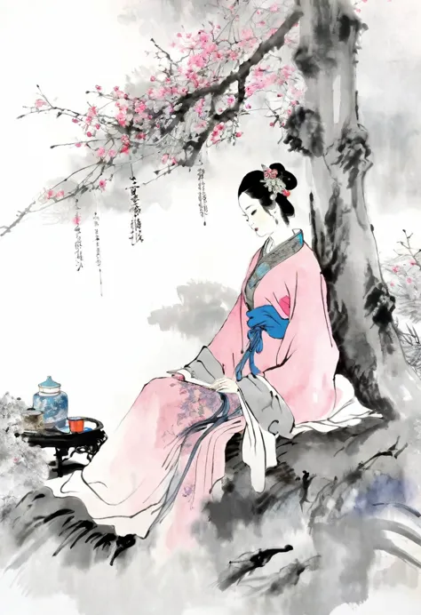 (best quality,extremely detailed,practical:1.37),masterpiece:1.2,woman sitting under a tree,chinese scenery,ink splatter,ink tex...