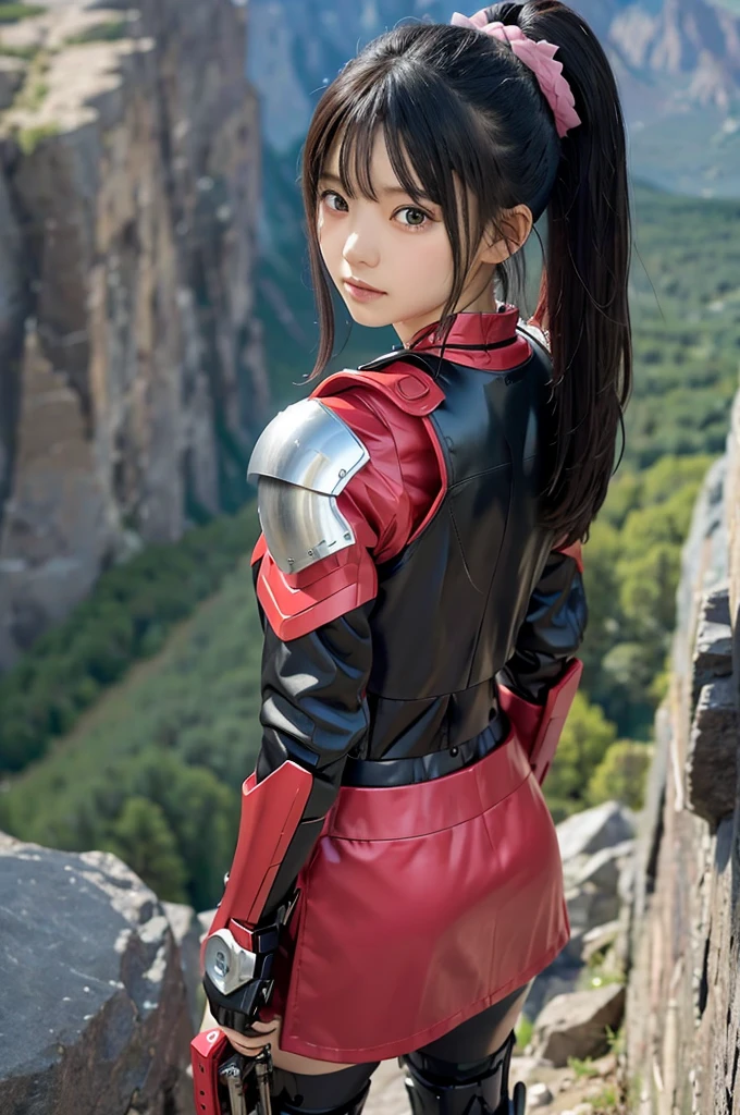 A futuristic warrior girl is deformed in a Nendoroid style.、Very well made。Wearing red and black armor、Long black hair with pink mesh。Equipped with a cyber helmet and a robot suit、He is depicted standing on a rocky mountain with a huge sword on his back.。The blue sky spreads out in the background、Features shiny metal surface finish and fine parts。