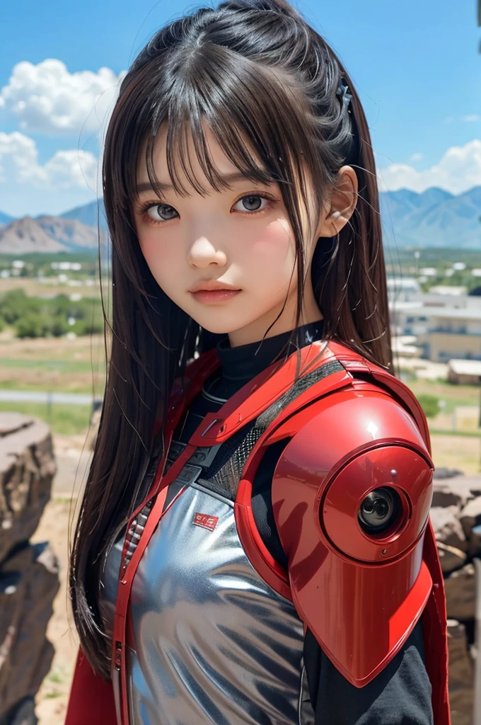 Une guerrière futuriste est déformée dans un style Nendoroid.、Très bien fait。portant une armure rouge et noire、Longs cheveux noirs avec maille rose。Equipé d&#39;un cybercasque et d&#39;une combinaison robot、Il est représenté debout sur une montagne rocheuse avec une énorme épée sur le dos..。Le ciel bleu s&#39;étend en arrière-plan、Présente une finition de surface en métal brillant et des pièces fines。