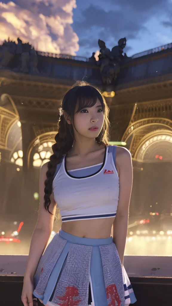 masterpiece, 4K, Bokeh, Realistic, (Japanese Idols:1.6), Plump breasts, Blushed, Tennis Wear, Looking at the audience, sunset, Beautiful sky and clouds, (Paris:1.6), Cowboy Shot,