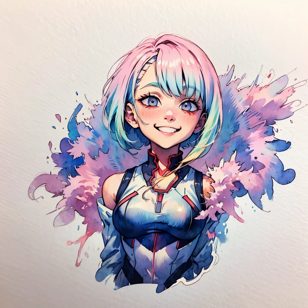 1fille, Lucie \(cyberpunk\), art simple, Mignon, aquarelle, fond blanc, Regarder le spectateur, Grand sourire