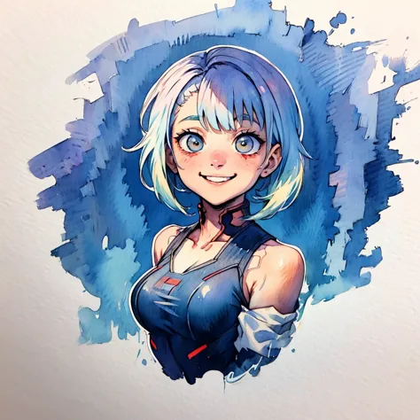 1girl, lucy \(cyberpunk\), simple art, cute, watercolor, white background, looking at the viewer, big smile