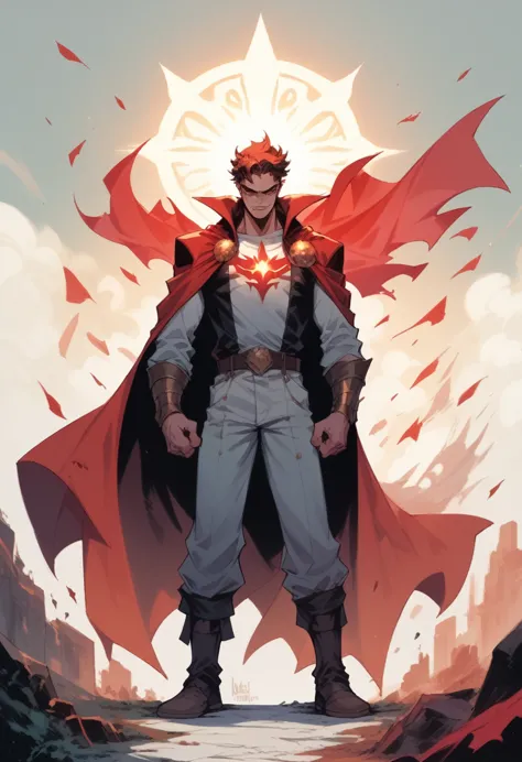 a good king wearing a glowing crown , red cape , standing