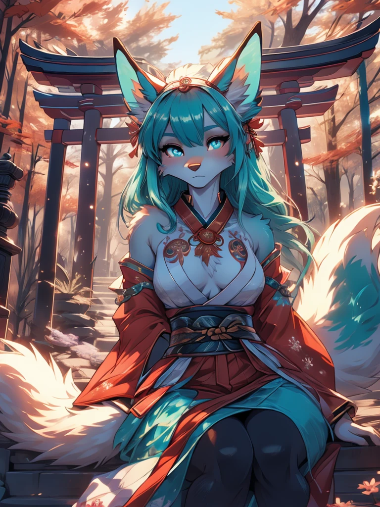 miku hatsune, high definition ajouter_détail:1, fourrure bleue,oreilles de kitsune, tribal tattoo ajouter_détail:1, pretty girl ajouter_détail:1, feudal priestess clothing ajouter_détail:1, japanese shrine landscape ajouter_détail:1, japanese shrine costume ajouter_détail:1, ajouter_détail:1, full body ajouter_détail, highly détailed face 