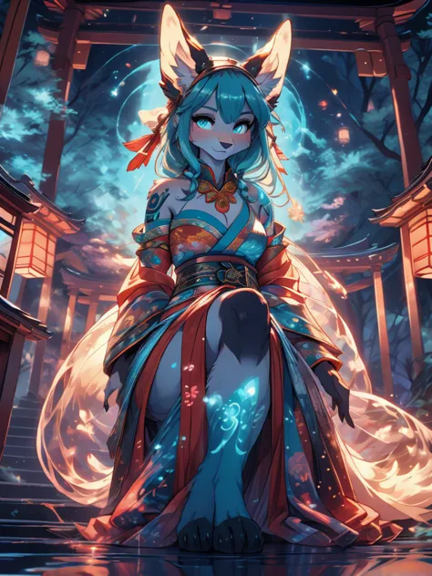 Miku Hatsune, high definition add_detail:1, blue fur,kitsune ears, tribal tattoo add_detail:1, pretty girl add_detail:1, feudal ...