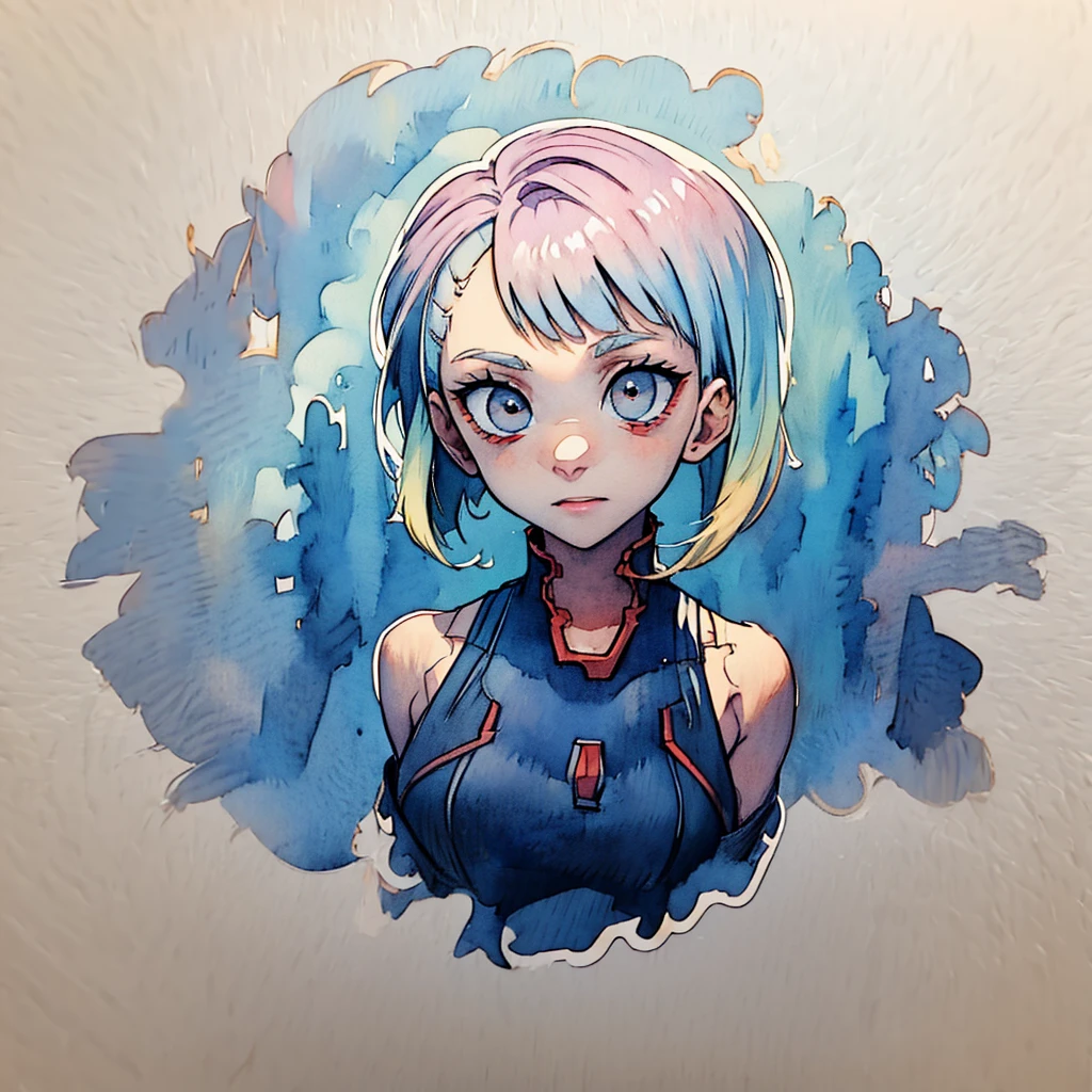 1girl, lucy \(cyberpunk\), simple art, cute, watercolor, white background, looking at the viewer, amazed expression