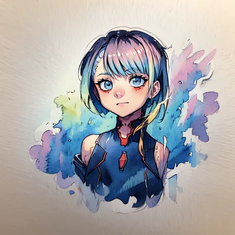 1girl, lucy \(cyberpunk\), simple art, cute, watercolor, white background, looking at the viewer, amazed expression