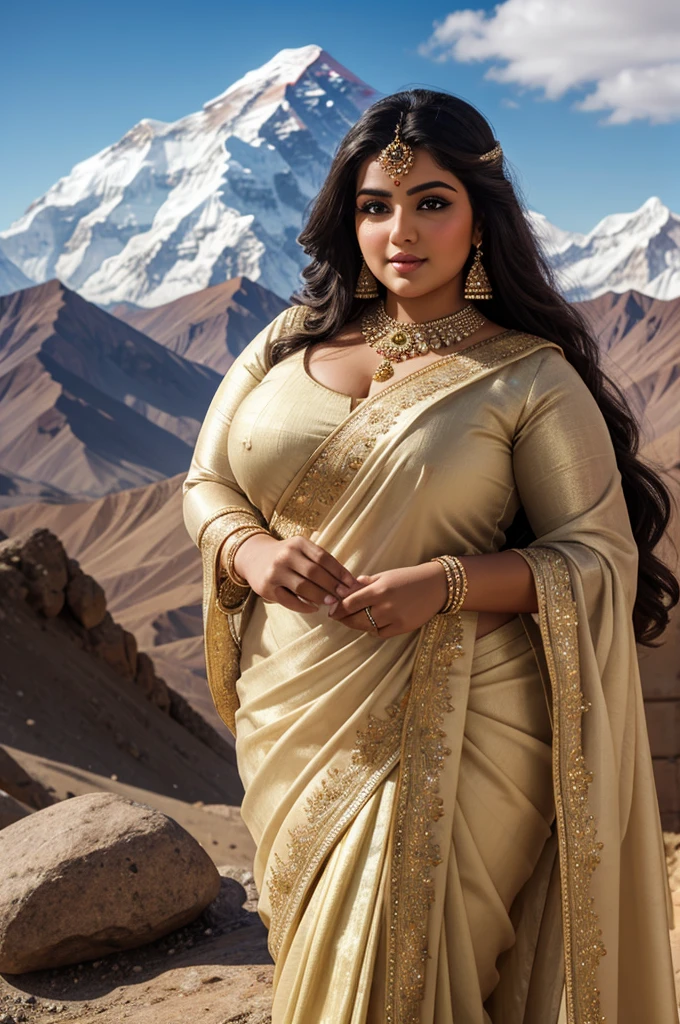 1 Heavenly beautiful and goddess beauty cute and sweet looking face Arabian woman in front of Mount Everest, Heavenly beautiful Overweight, Heavenly beautiful Extremely fat, Heavenly beautiful and attractive Chubby figure , Heavenly beautiful looking and eye catching luxury style bridal saree , reaching out, Heavenly beautiful Arabian woman, 16k, High resolution, masterpiece, highest quality, fine skin, close up figure view, Realistic Photograph