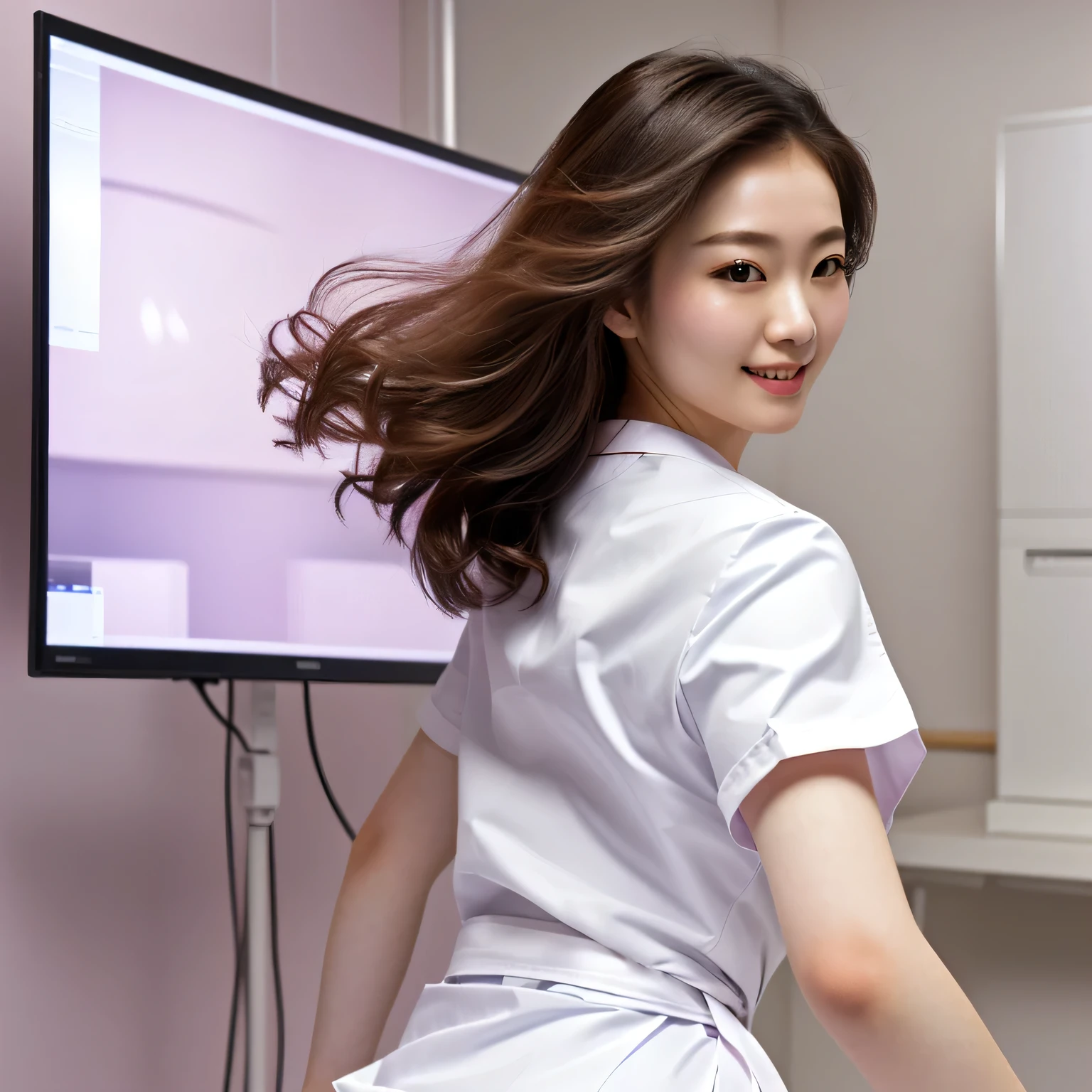 masterpiece, best quality, 1girl, (dancing, happy, from behind), hospital room, Beautiful Japanese female doctor wearing white labcoat over pink scrubs, beautiful detailed face, pale skin, realistic skin, detailed cloth texture, detailed hair texture, accurate, Anatomically correct, Highly detailed face and skin texture , looking at viewer, 