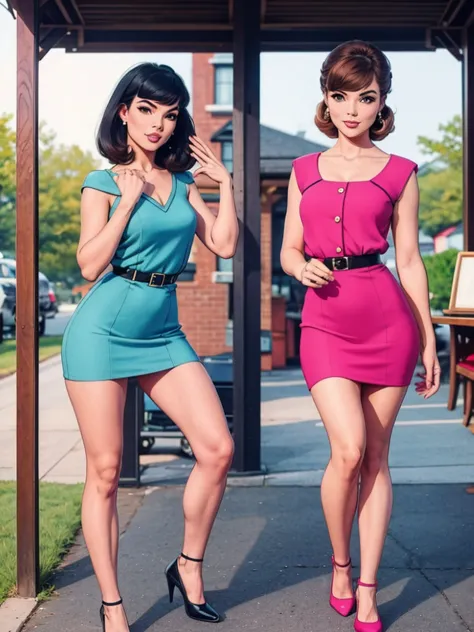 two fashionable young women posing for a picture, retro 60s girls fashion