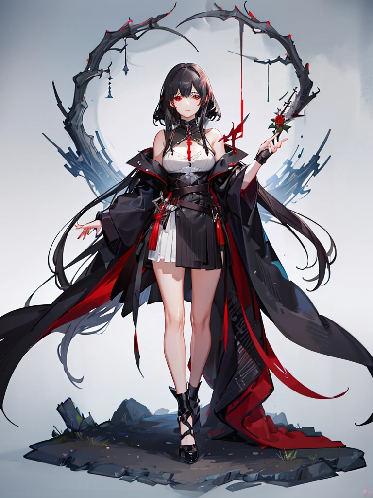 A girl with black hair and red eyes，Wearing a black cloak and heavy black robes，Heavy fog surrounds，She holds a dagger in her hand，Looking at you upright（Full body portrait）