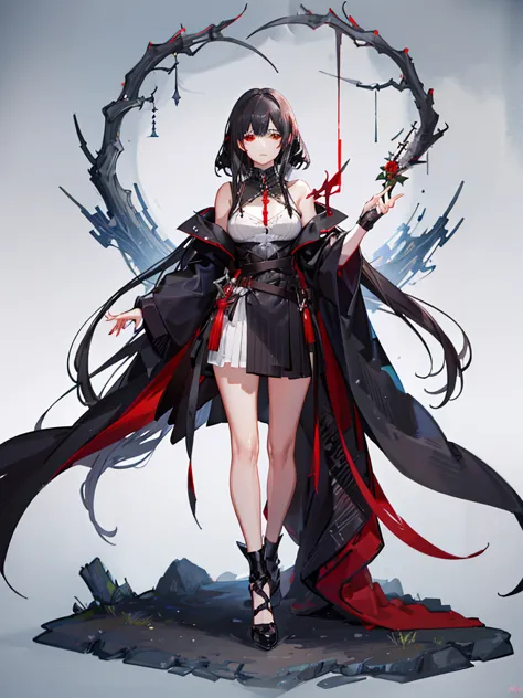 A girl with black hair and red eyes，Wearing a black cloak and heavy black robes，Heavy fog surrounds，She holds a dagger in her ha...