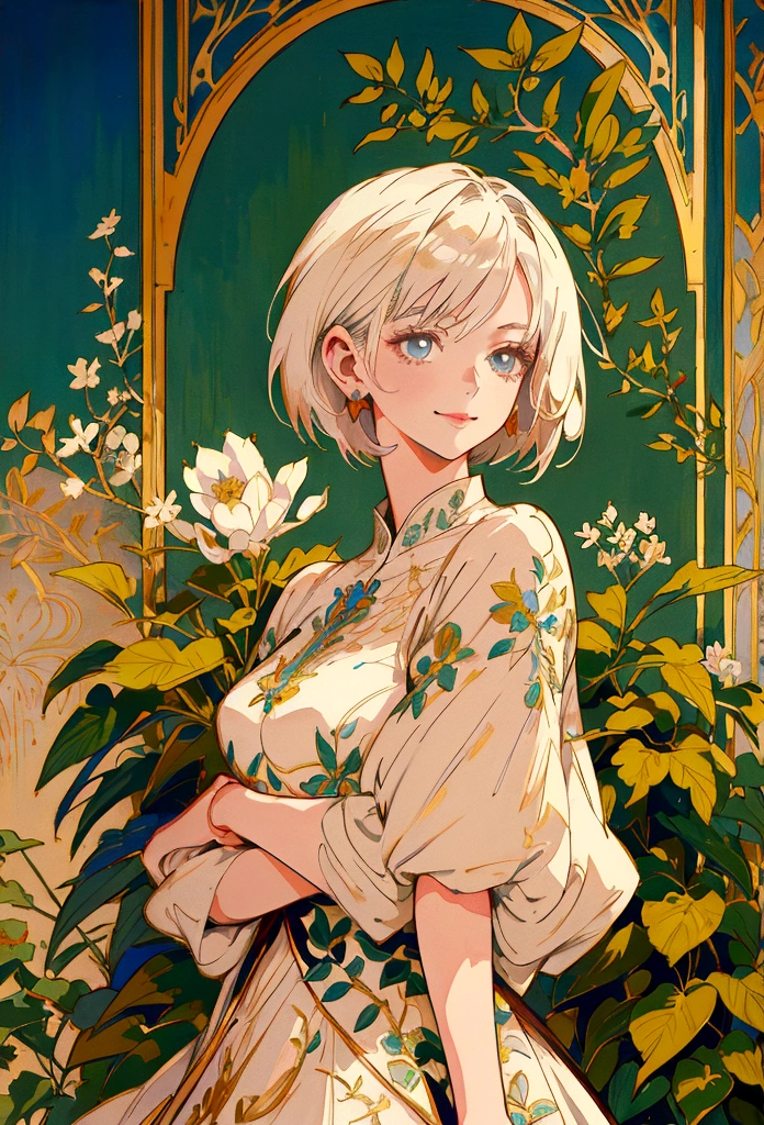 Anime Style, Kind Madame, Short Hair, Platinum Blonde, lady, She is wearing a beautiful embroidered silk dress., A kind smile, Elegant, Ultra-detailed botanical references, Maximalist Botany, beautifully、Aesthetically beautiful illustration masterpiece, Topaz AI Post Editing