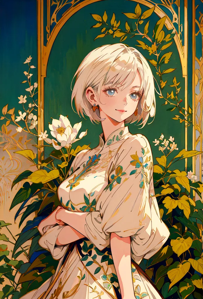 Anime Style, Kind Madame, Short Hair, Platinum Blonde, lady, She is wearing a beautiful embroidered silk dress., A kind smile, E...