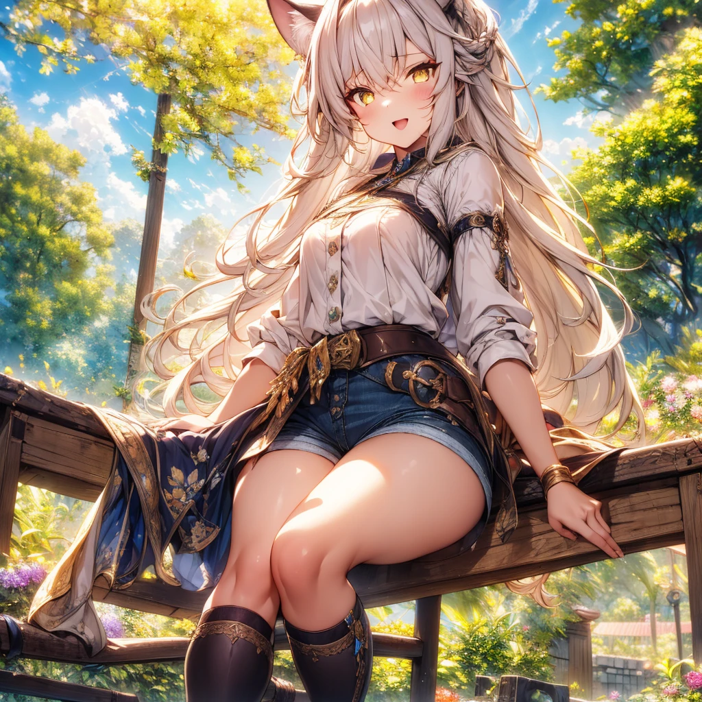 Girl with dog ears and tail, erect ears, honey yellow eyes, Highly detailed eyes, long hair and(((( White)))) with a small braid on the sides, denim shorts, translucent and low-cut blouse, whole body, looking up, open mouth smile, big chest, beautiful body, detailed face y con amplia gama de gestos, sitting on a bench around a garden with flowers of various colors, detailed background, detailed face, Play of light and shadows, cinematographic, high quality, 8k, Masterpiece, 