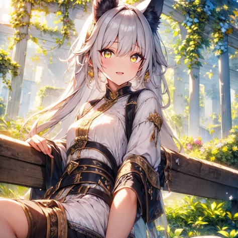 Girl with dog ears and tail, erect ears, honey yellow eyes, Highly detailed eyes, long hair and(((( White)))) with a small braid...