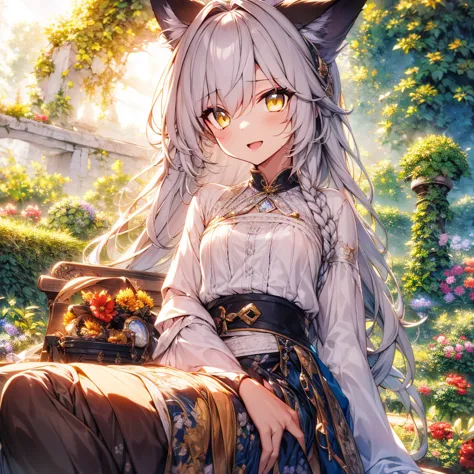 girl with dog ears and tail, erect ears, honey yellow eyes, highly detailed eyes, long hair and(((( white)))) with a small braid...