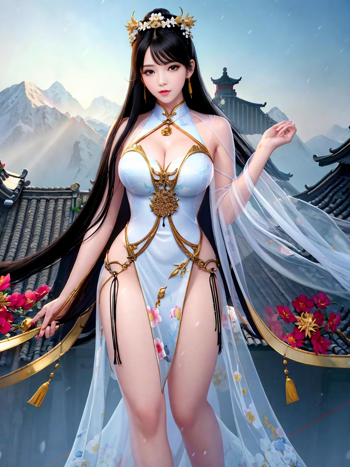 Top quality, masterpiece, high resolution, Chinese,，，，mountain peak，,mountain peak,,,,,,Rooftop,,,,,,,naked,，stand erect，,1girl, charming appearance and personality, big body, extremely sexy, ，，，，Floral print ，， ，Floral print，， Light yellow floral fragments，，(transparent ), large hollow see-through, beautiful and delicate face, (desire figure) perfect slim figure (nipple slip: 0.5), perfect white skin，stand erect，，Smooth black long hair，，，，Black Hair