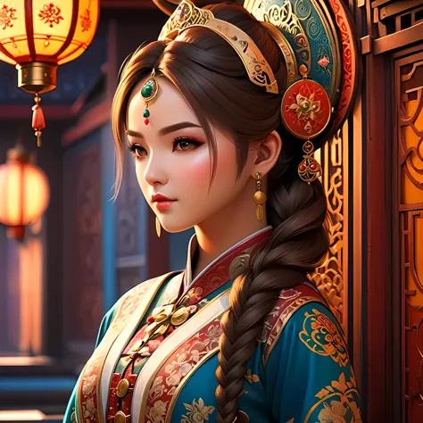 girl in a beautiful oriental detailed background, oriental cityscape, intricate steampunk machinery, miko outfit, long hair, det...