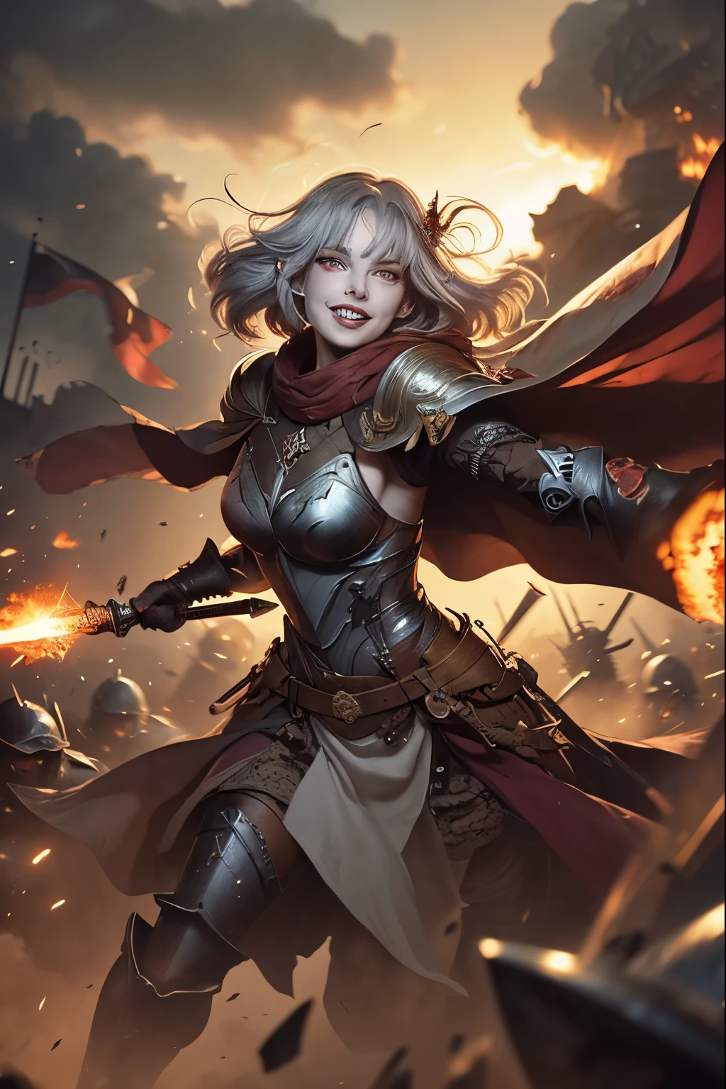 (Ultra-detailed face, Roar, shout:1.3), (Fantasy Illustration with Gothic & Ukiyo-e & Comic Art), (Full Body, A middle-aged dark elf woman with gray hair, blunt bangs, Very long disheveled hair, and dark purple skin, lavender eyes), (The Queen of War is dressed in crimson armor and a crimson velour cloak, adorned with jewels and precious metals), (The Queen of War smiles savagely, leaps up with a shout, strikes a daring pose, and thrusts both great swords forward. Flames explode from the Queen's sword's edge), BREAK (In the background, the tent of the barracks and military flags are flown, and heavily armored allied soldiers rush forward with battle cries. Smoke and dust are flying)
