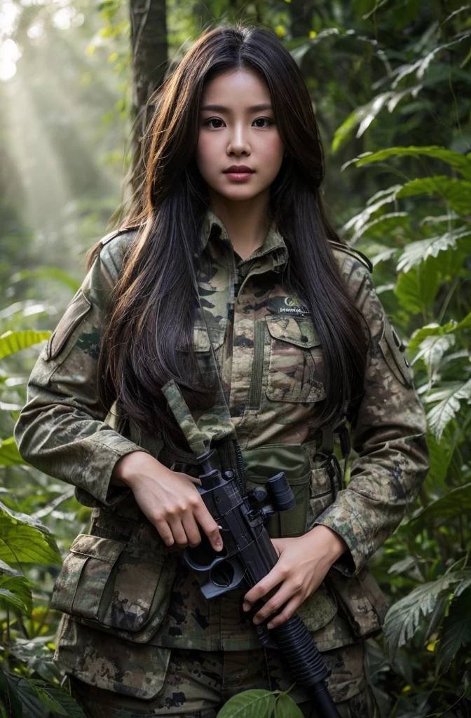 Erstellen Sie ein Bild einer schönen Indonesierin in militärischer Tarnkleidung, die ein Luftgewehr hält, Stehen in einem dichten Wald mit Sonnenlicht, das durch die Blätter fällt. Die Frau muss langes braunes Haar haben und so positioniert sein, als ob sie auf einer Überwachungsmission wäre, im Einklang mit der Natur.