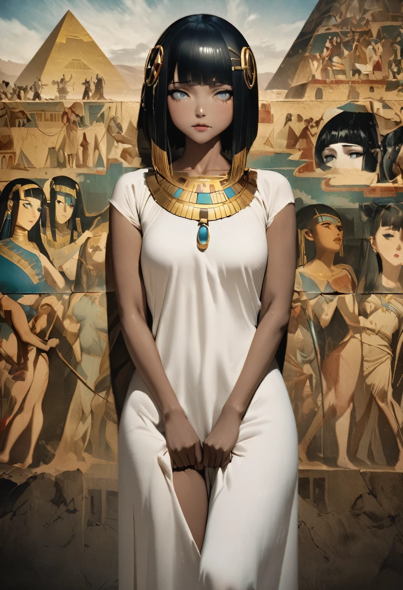 quality\(8k,Highly detailed CG unit wallpaper, masterpiece,High resolution,top-quality,top-quality real texture skin,surreal,Increase the resolution,RAW Photos,highest quality,Very detailed,wallpaper\),BREAK,Perfect Anatomy、Cleopatra、Brown Skin、Very beautiful woman、30 years old、Black Hair、Very tall、zoom、cute、Grey Eyes、Unusual bob cut、Diamond Hair Ornament、Beautiful Egyptian White Dress、Gorgeous dress、Side Shot、sad face、The background is an Egyptian mural、pyramid、Pyramid mural、dark、darkness、