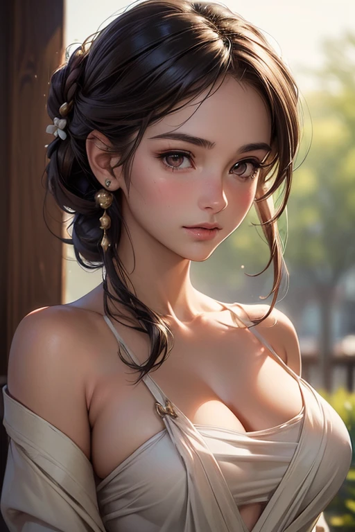 (work of art:1.4), (8K, photorrealistic, CRU photo, best qualityer: 1.4), Japanese, (1 girl), beautiful  face, (lifelike face:1.4), (cabelo highy detailed:1.3), beautiful princess leia hairstyle, realistic brown eyes, beautiful detailed brown eyes, (realisic skin:1.3), beautiful fur, appealing, ultra high resolution, ultra realistic, highy detailed, golden ratio, (face detailed:1.4), (realistic medium breasts:1.4), (braless:1.4), happy_niplles,